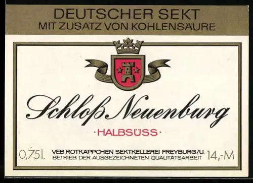 Getränkeetikett VEB Rotkäppchen Sektkellerei, Freyburg /U., Sekt Schloss Neuenburg halbsüss, Wappen