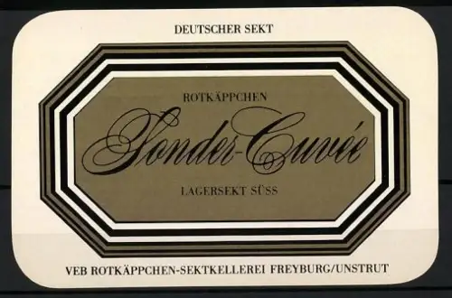 Getränkeetikett VEB Rotkäppchen Sektkellerei, Freyburg /Unstrut, Lagersekt Rotkäppchen Sonder-Cuvée süss