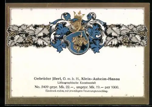 Getränkeetikett Gebrüder Illert GmbH, Klein-Auheim-Hanau, Wappen mit Harnisch und Weinblätter