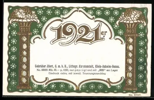 Getränkeetikett Gebrüder Illert GmbH, Klein-Auheim-Hanau, 1921er Wein, Säulen mit Weinblättern