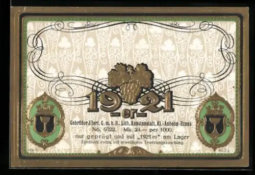 Getränkeetikett Gebrüder Illert GmbH, Klein-Auheim-Hanau, 1921er Wein, Weintrauben und Weinblätter