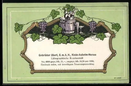 Getränkeetikett Gebrüder Illert GmbH, Klein-Auheim-Hanau, 1921er Wein, Weinflaschen im Kühler, Weintrauben