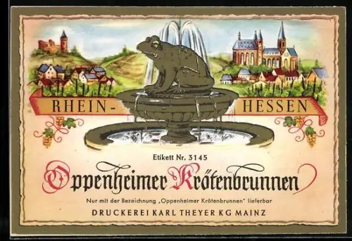 Getränkeetikett Oppenheimer Krötenbrunnen, Rheinhessen, Ansicht des Krötenbrunnens und der Ortschaft
