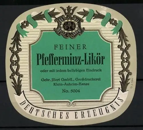 Getränkeetikett Feiner Pfefferminz-Likör, Deutsches Erzeugnis, Lorbeer-Kranz