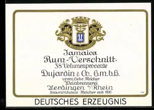 Getränkeetikett Dujardin & Co. GmbH, vorm. Gebr. Melcher, Jamaica Rum-Verschnitt, Uerdingen /Rhein, Stammhaus seit 1810