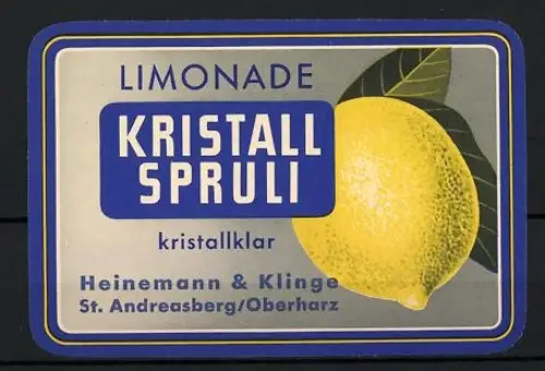 Getränkeetikett Heinemann & Klinge, St. Andreasberg /Oberharz, Limonade Kristall Spruli, Zitrone