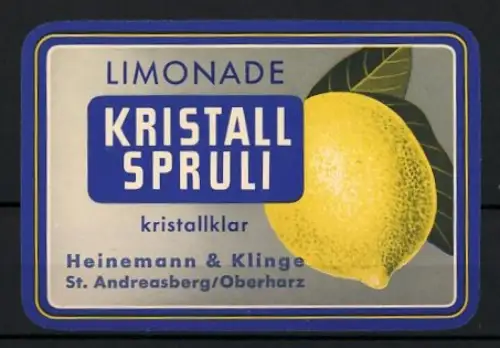 Getränkeetikett Heinemann & Klinge, St. Andreasberg /Oberharz, Limonade Kristall Spruli, Zitrone