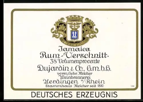 Getränkeetikett Dujardin & Co. GmbH, vorm. Gebr. Melcher, Jamaica Rum-Verschnitt, Uerdingen /Rhein, Stammhaus seit 1810