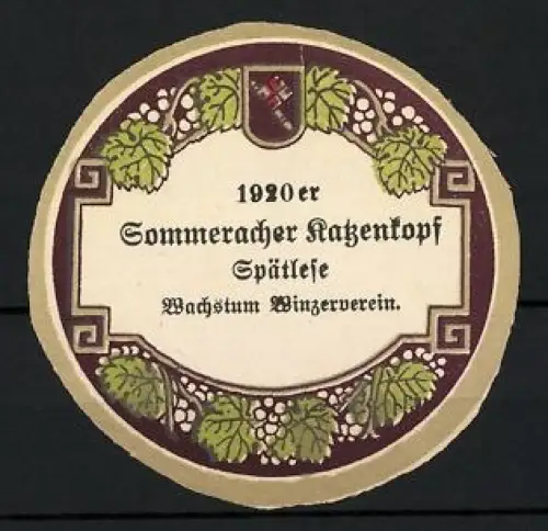 Getränkeetikett Wachstum Winzerverein, 1920er Sommeracher Katzenkopf Spätlese, Weintrauben und Weinblätter