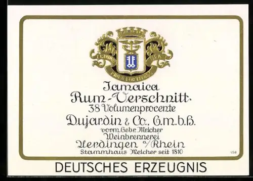 Getränkeetikett Dujardin & Co. GmbH, vorm. Gebr. Melcher, Jamaica Rum-Verschnitt, Uerdingen /Rhein, Stammhaus seit 1810