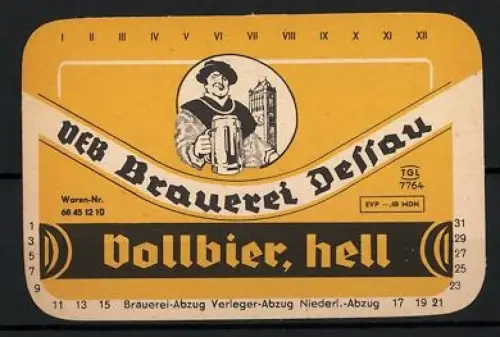 Getränkeetikett VEB Brauerei Dessau, Vollbier, hell, Mann mit Bierglas
