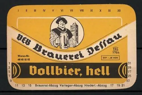 Getränkeetikett VEB Brauerei Dessau, Vollbier, hell, Mann mit Bierglas