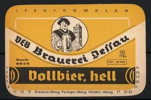 Getränkeetikett VEB Brauerei Dessau, Vollbier, hell, Mann mit Bierglas