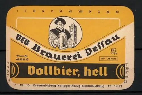 Getränkeetikett VEB Brauerei Dessau, Vollbier, hell, Mann mit Bierglas