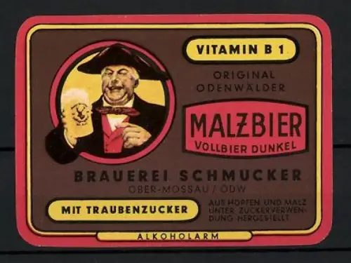 Getränkeetikett Brauerei Schmucker, Ober-Mossau /Odw., Original Odenwälder Malzbier, Vollbier dunkel