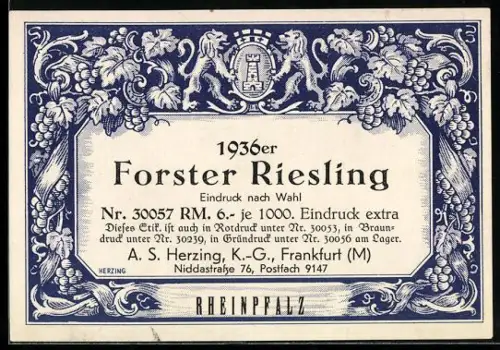 Getränkeetikett 1936er Forster Riesling, Wappen mit Turm, Weintrauben und Weinranken
