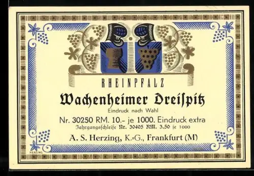 Getränkeetikett Wachenheimer Dreispitz, Rhinpfalz, Weinglas und Weintrauben