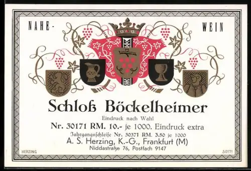Getränkeetikett Schloss Böckelheimer, Nahe-Wein, Weinglas, Ritter und Löwe in Wappenschilden