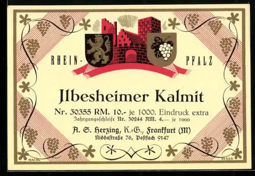 Getränkeetikett Ilbesheimer Kalmit, Rhein-Pfalz, Weintrauben und Löwe im Wappenschild