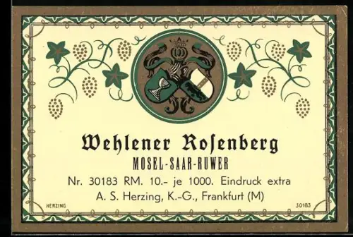 Getränkeetikett Wehlener Rosenberg, Mosel-Saar-Ruwer, Weinglas im Wappenschild