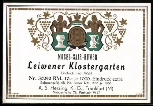 Getränkeetikett Leiwener Klostergarten, Mosel-Saar-Ruwer, Weinglas und Weinfass