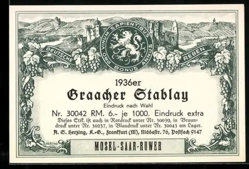 Getränkeetikett 1936er Graacher Stablay, Mosel-Saar-Ruwer, Deutsche Reben, Burgansicht