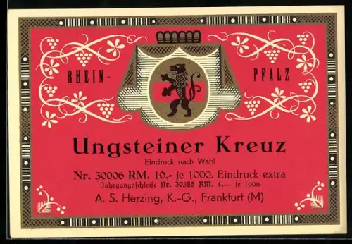 Getränkeetikett Ungsteiner Kreuz, Rhein-Palz, schreitender Löwe