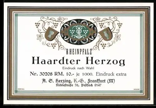Getränkeetikett Haardter Herzog, Rheinpfalz, Weinglas und Kanne im Wappenschild