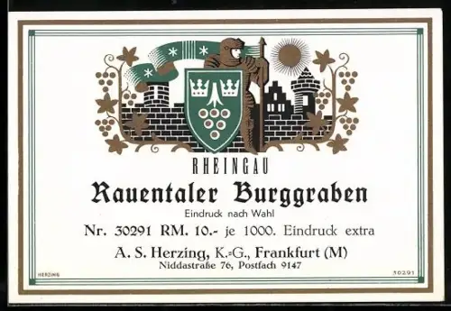 Getränkeetikett Rauentaler Burggraben, Rheingau, Ritter vor Burgmauern