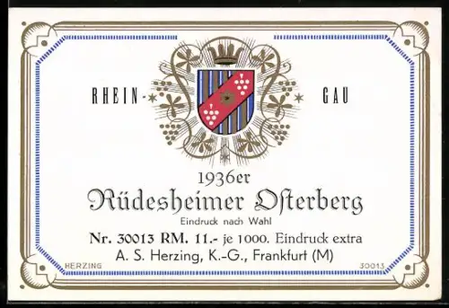 Getränkeetikett 1936 Rüdesheimer Osterberg, Rheingau, gekröntes Wappen