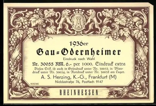 Getränkeetikett 1936 Gau-Odernheimer, Rheinhessen, Turm mit Mauerkrone, Weintrauben und Weinranken