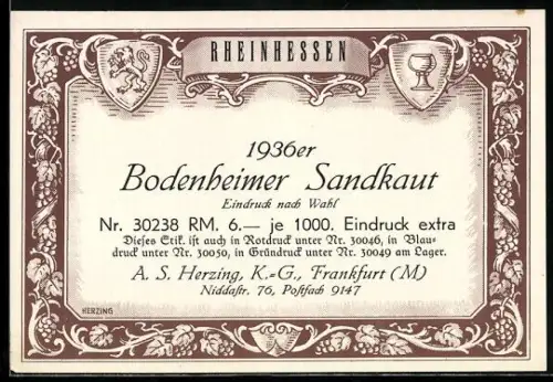 Getränkeetikett 1936er Bodenheimer Sandkraut, Rheinhessen, Weinglas und Löwe im Wappen
