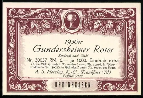 Getränkeetikett 1936er Gundersheimer Roter, Rheinhessen, Weintrauben und Weinblätter