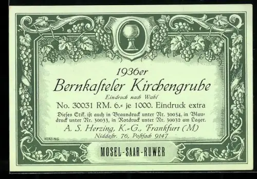 Getränkeetikett 1936 Bernkasteler Kirchengrube, Mosel-Saar-Ruwer, Weintrauben und Weinblätter