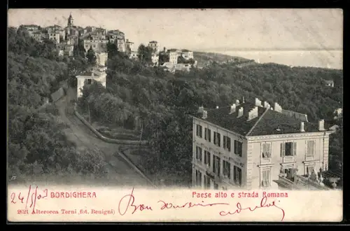 AK Bordighera, Paese alto e strada Romana