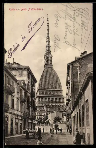 AK Torino, Mole Antonelliana con vista sulla strada e persone