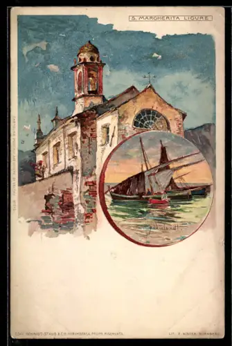 Künstler-AK S. Margherita Ligure, Chiesa storica e barca a vela sul mare