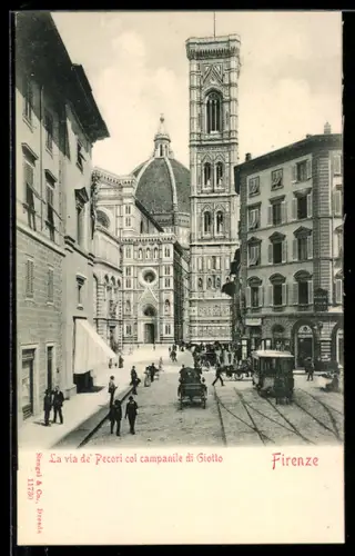 AK Firenze, La via de` Pecori col campanile di Giotto, Strassenbahn