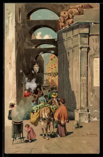 Künstler-AK Napoli, Mercato animato in Via del Sole, Maroni