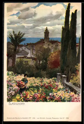 Künstler-AK Bordighera, Vista sul giardino fiorito e chiesa in lontananza