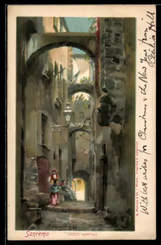 Künstler-AK Sanremo, Vicolo Capitolò con figura femminile in abiti tradizionali