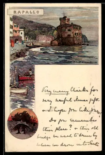 Künstler-AK Rapallo, Vista del castello sul mare con barche e montagne sullo sfondo