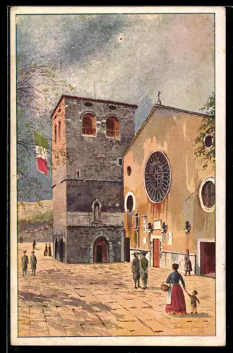 Künstler-AK Trieste, Campanile di S. Giusto con persone sulla piazza