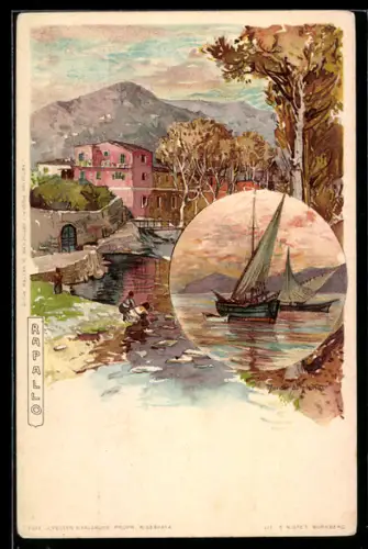 Künstler-AK Rapallo, Paesaggio fluviale con barca a vela e case colorate