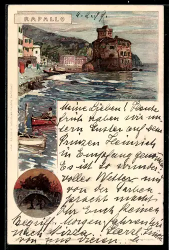 Künstler-AK Rapallo, Vista del castello sul mare con barche a remi