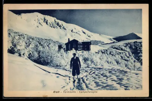 AK Rieti, Terminillo, Campoforogna, paesaggio innevato con escursionista e edificio alpino
