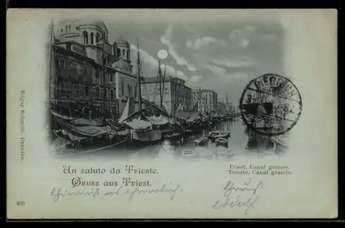 Mondschein-AK Trieste, Canal grande con barche a vela e architettura storica