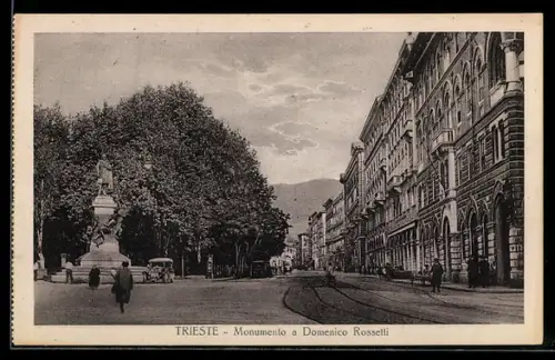 AK Trieste, Monumento a Domenico Rossetti e strada alberata