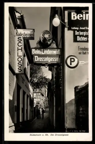 AK Rüdesheim a. Rh., Drosselgasse, Beim Lindenwirt, Weinhaus Rüdesheimer Schloss