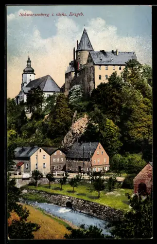 AK Schwarzenberg i. sächs. Erzgeb., Flusspartie mit Schloss und Kirche
